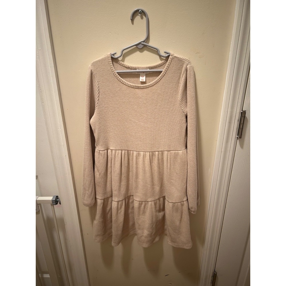 Cat & Jack Girls Sz Med 8 Cream Long Sleeve Ribbed Tiered Dress